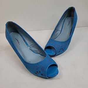 X-Appeal Regan Peep Toe Sz 8 Teal Cutouts Kitten Heel  Preppy Trendy Comfy
